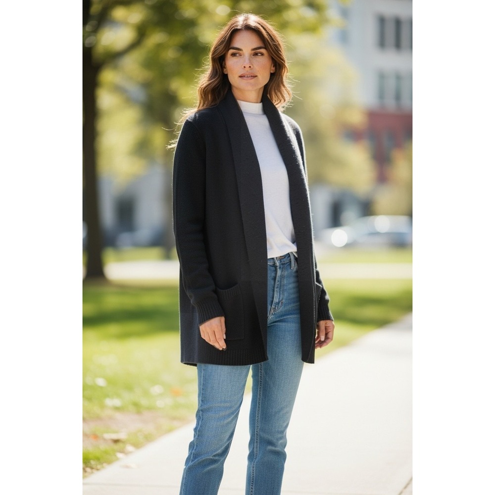 Ann Taylor LOFT Black Wool Rabbit Hair Shawl Collar Open Front Cardigan M
